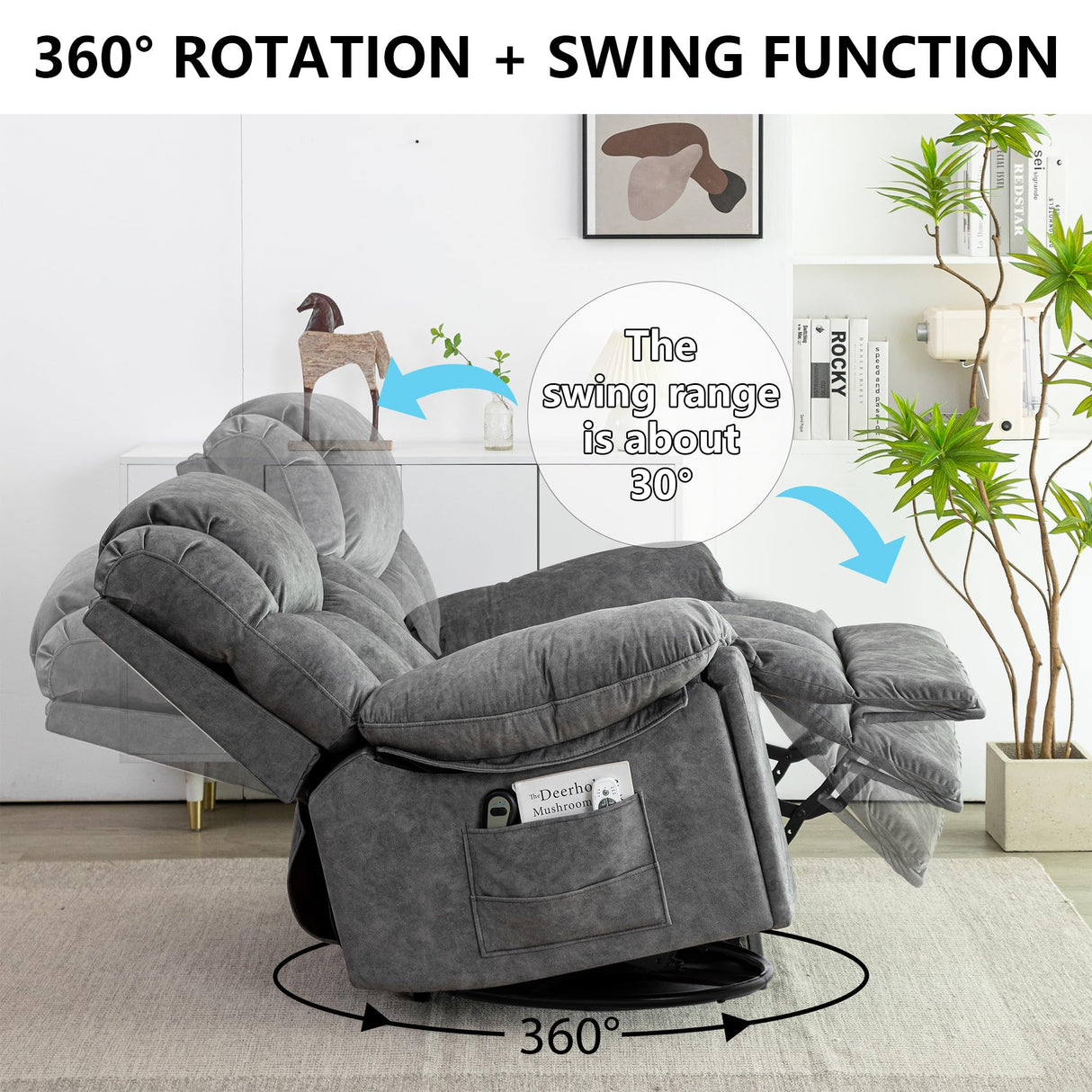 YI DANICA Recliner Chair with Swivel Glider Base for Living Room, Overstuffed Rocker Recliner with Foldable Armrest & Hidden Cup Holder, Manual Lounge Chair with 330lbs Capacity (Modern Style, Gray) YI DANICA