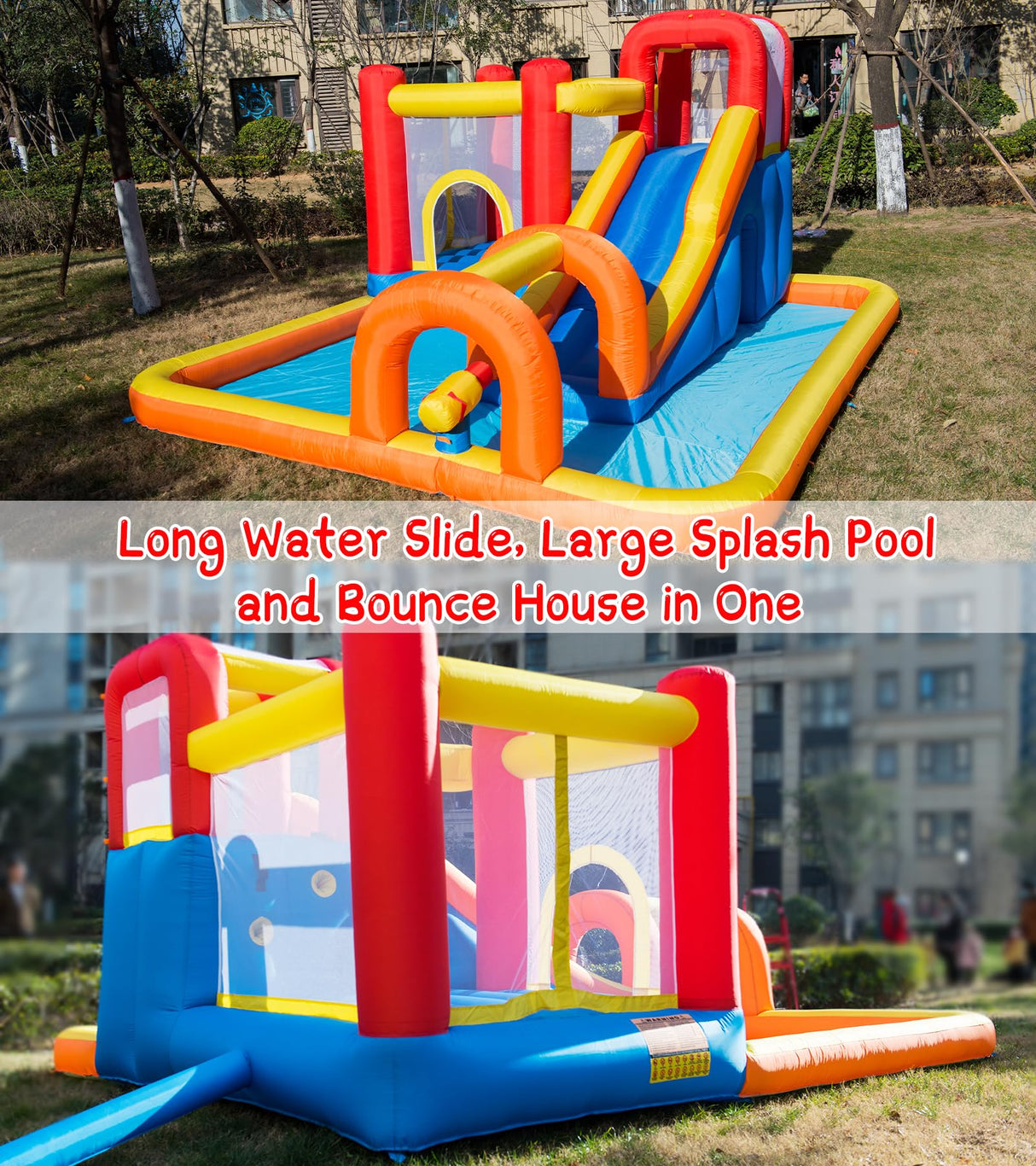 Baralir Inflatable Bounce House Water Park with Long Water Slide & Large Splash Pool Fits 5 Kids, Endless Fun of Jumping, Sliding, Climbing - Extra Cave and Tunnel Adventure and Water Cannon Baralir