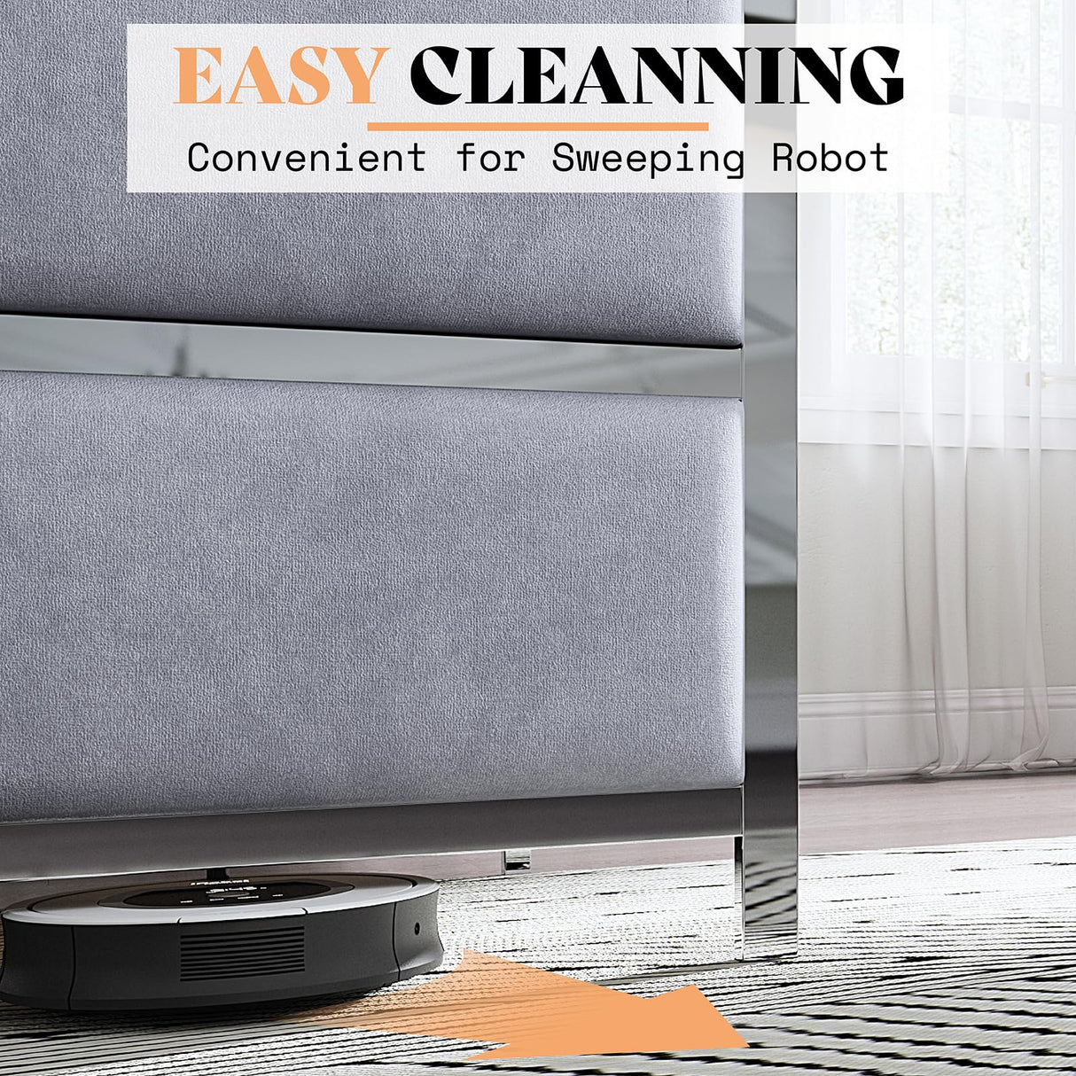 AMERLIFE 59" King Size Bed Frame, Velvet Upholstered Bed with Silver Trim Headboard & Footboard, Channel Tufted Platform Bed Frame, No Box Spring Needed/Light Grey AMERLIFE