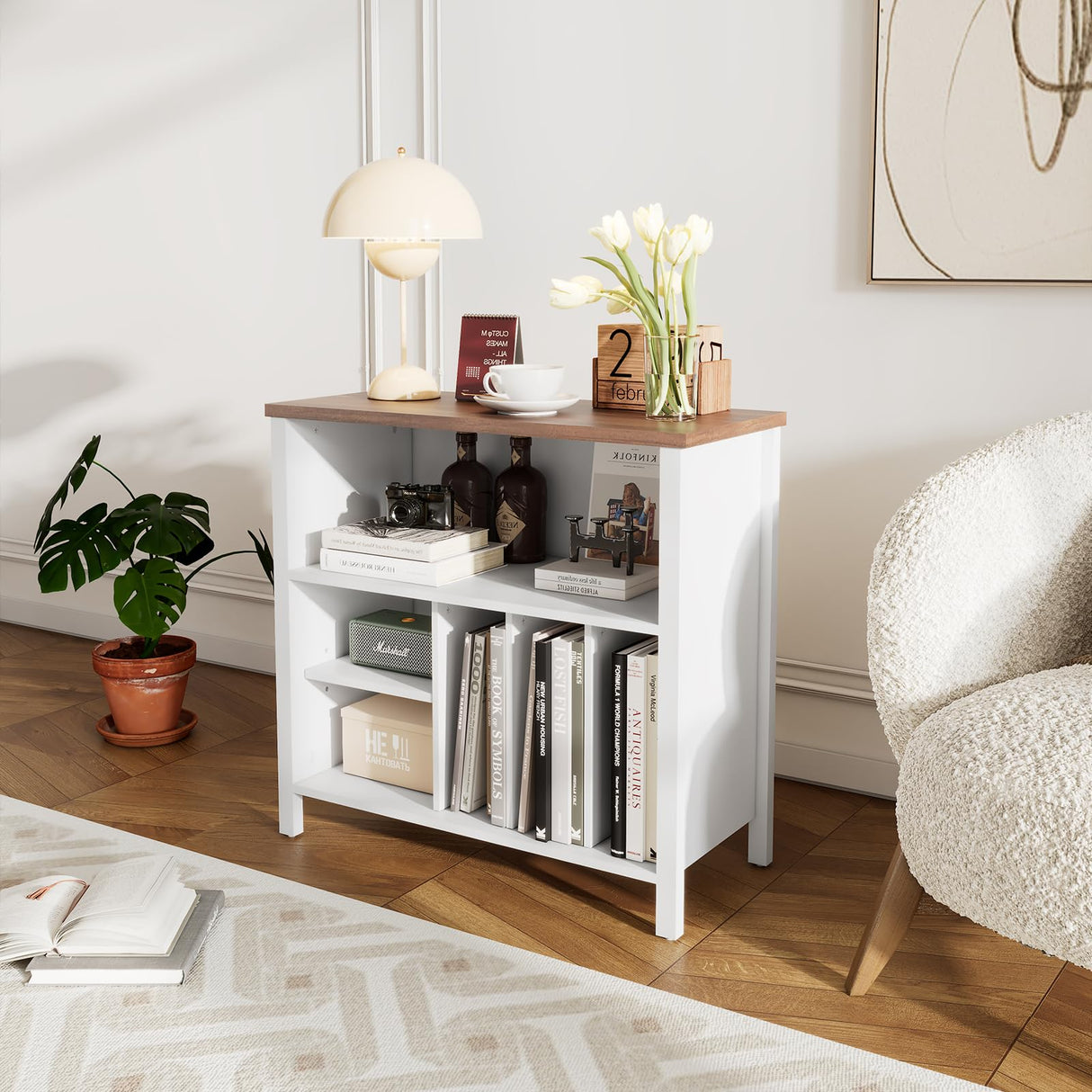 Record Player Stand, Mid-Century Vinyl Record Storage Cabinet, 3-Tier Record Player Holder, Turntable Stand with 4 Cabinet up to 220 Albums, End Table for Bedroom Music Room Living Room, White FFBCFDK