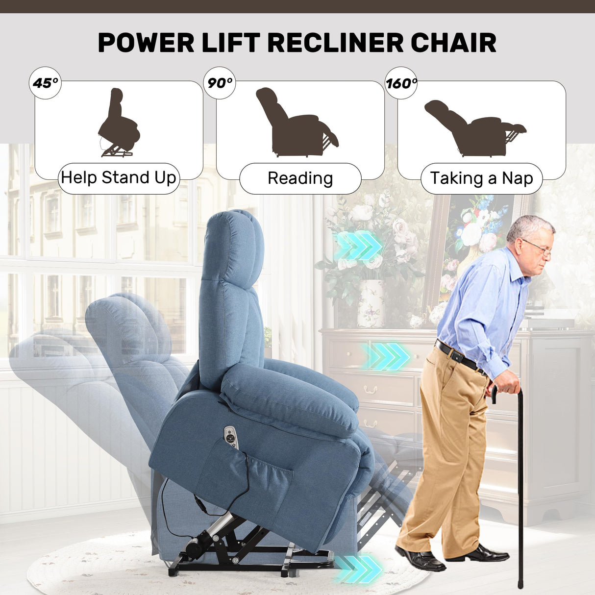 Sofetura Power Lift Recliner Chair with Vibration Massage&Heat for Elderly,Upholstered Breathable Fabric Lounge Chair with Side Pockets, USB Charge Port for Living Room,Only One Package,Blue Sofetura