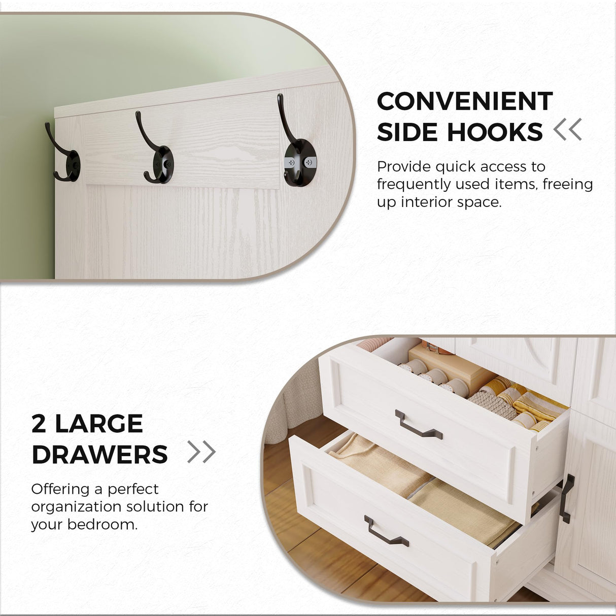 LIKIMIO Armoire Wardrobe Closet with 4 Doors and Drawers, Wardrobe Cabinet with Storage Shelves and Side Hooks, Clothing Storage Cabinet for Bedroom, White LIKIMIO