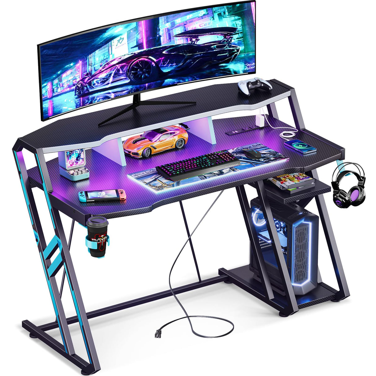 MOTPK Gaming Desk with Power Outlet & LED Lights, Gaming Computer Desk 47inch with PC Storage Shelf, Gaming Table with Carbon Fiber Texture, Gamer Desk, Gift for Boys Men, Black MOTPK