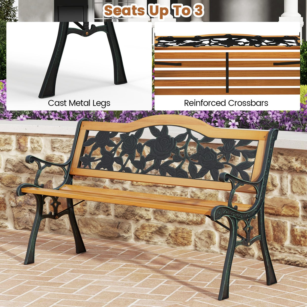 Tangkula Outdoor Garden Bench Park Bench, Patio Furniture Bench Chair with Cast Iron & Hardwood Structure, Weather Proof Porch Loveseat, Perfect for Backyard, Deck, Lawn, Poolside Tangkula