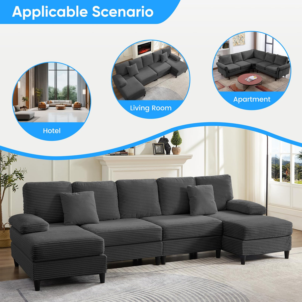 Mjkone 112" Width 4 Seater Sectional Sofa Couches for Living Room, U Shaped Sofa Couch with Double Chaises, Corduroy Living Room Sets Furniture with 2 Extra Pillows for Home Office, Dark Grey Mjkone