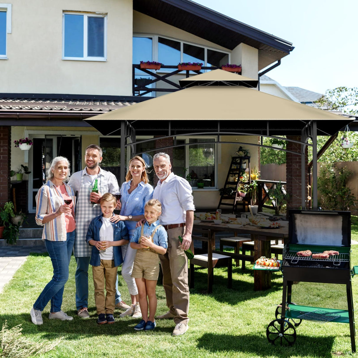 Grill Gazebo Replacement Canopy Top Only - 5' x 8' Outdoor BBQ Gazebo Canopy Roof, Waterproof Double Tiered Shelter Cover Fit for Model L-GG001PST-F (Khaki) Iheqard