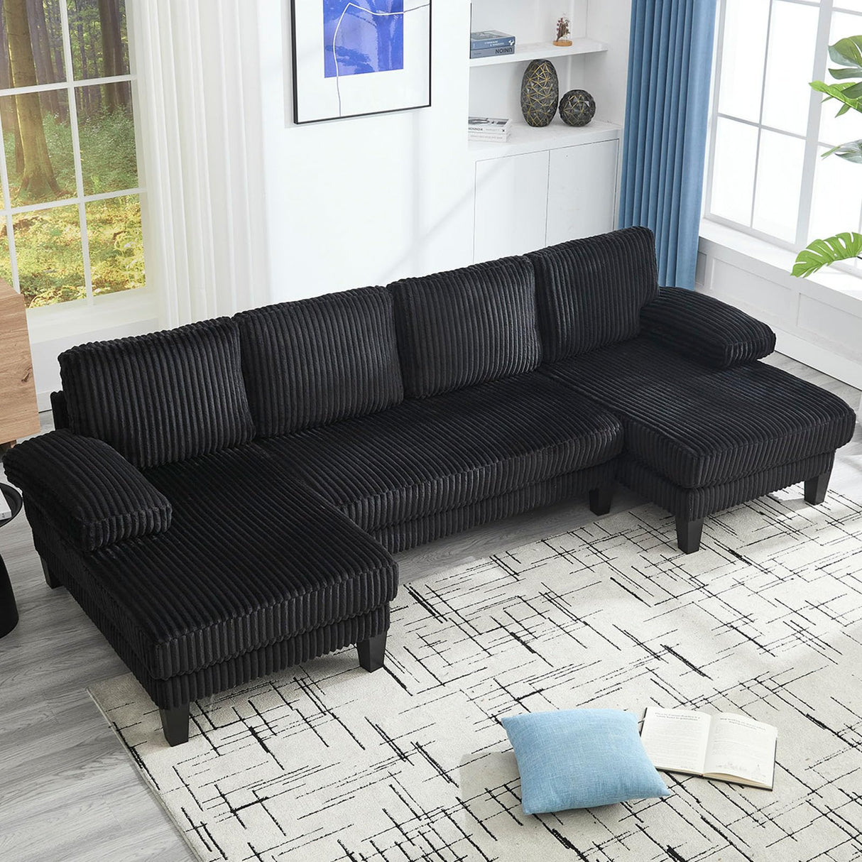 114.2” W Corduroy Sectional Sofa for Living Room, U-Shaped Couch with Double Chaises and Comfortable Backrest, Modern 4-Seater Deep Cloud Sofa (Black) LUCKHAO