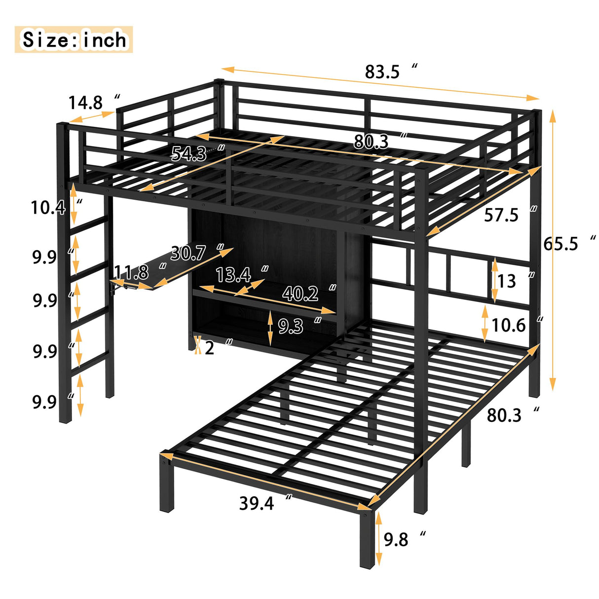 Bellemave Full XL Over Twin Bunk Beds with Folding Desk, Wardrobe and Shoe Rack, Heavy Duty Metal Bunk Bed with RGB LED Light, Ladder and Full-Length Guardrail, Black Bellemave