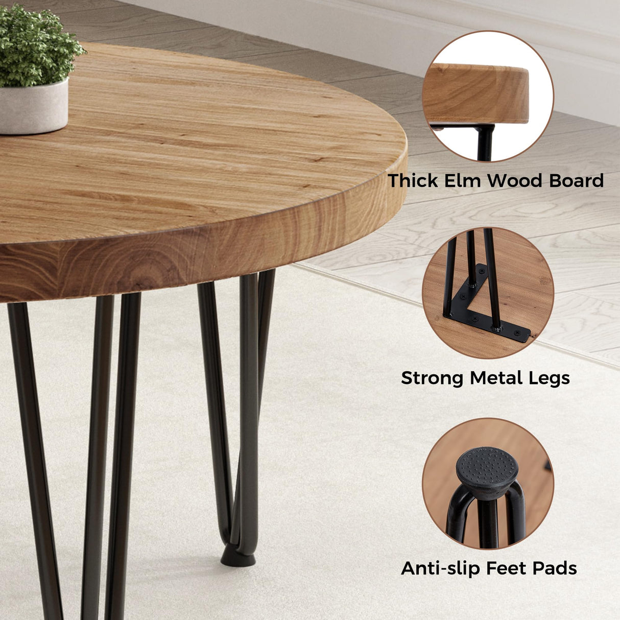 FLYJOE Rustic Wood Round Coffee Table with Metal Legs, Solid Elm Wood Top and Non-Slip Feet Pads - Farmhouse Style for Living Room, Natural FLYJOE