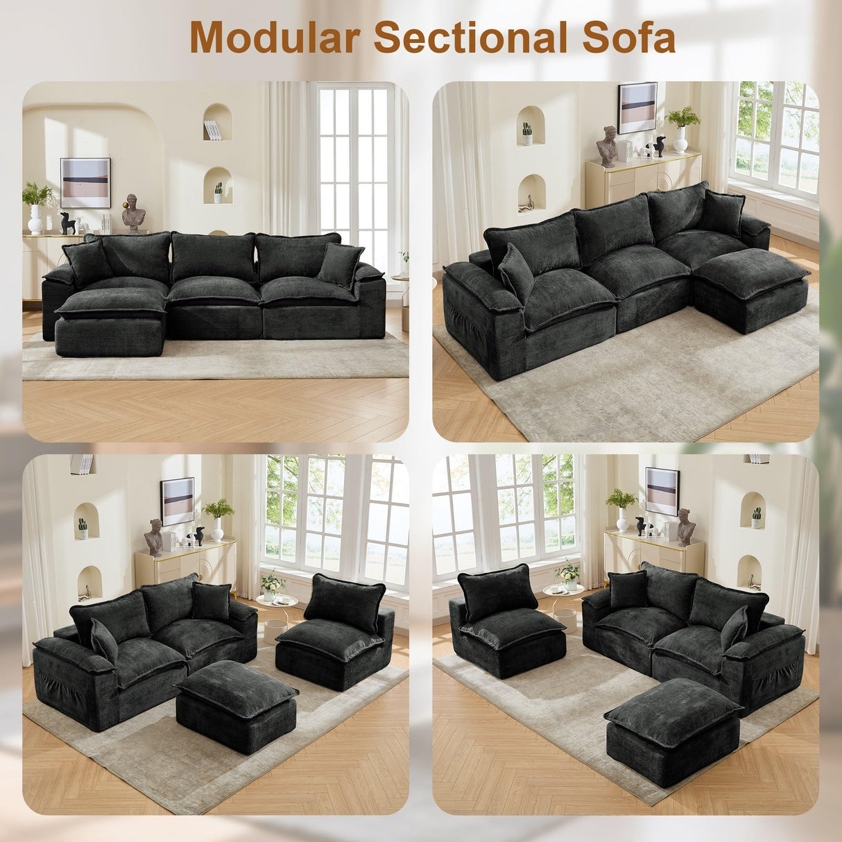 Korser 122" Sectional Couches for Living Room, Modular Boneless Couch with Deep Seat & Fluffy Cushion, Cozy Double-Layer Cushioned Sofa with Convertible Ottoman, Comfy Cloud Sofa, No Assembly Required Korser