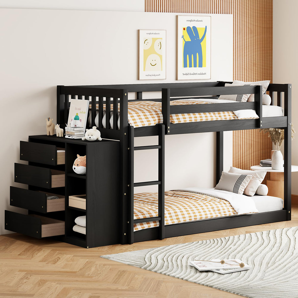 Harper & Bright Designs Twin Over Twin Low Bunk Bed with Storage,Floor Bunk Bed Frame with 4 Drawers and 3 Shelves, Solid Wood Loft Bed for Kids Girls Boys - Espresso Harper & Bright Designs