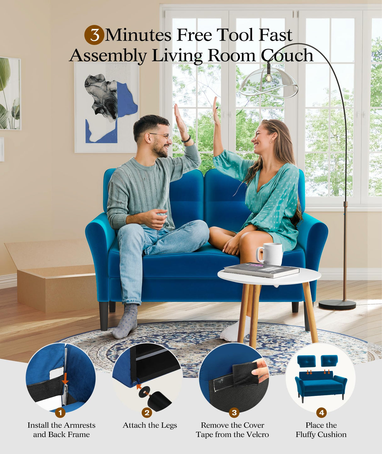 Kidirect 48" Loveseat Sofa, Small Couch for Bedroom, Comfy Love Seat with 21in Extra Deep Seats, 2 Seats Sofa Couch for Small Spaces, Apartment, Tool-Free Setup Mini Couch, Blue Velvet Couch Kidirect