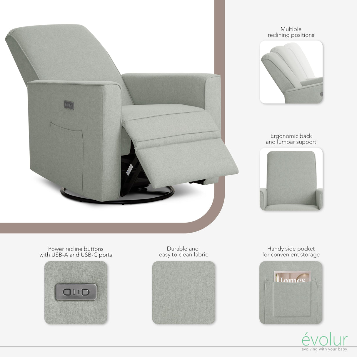 Evolur Harlow Upholstered Power Glider Recliner with USB Charging – Rocking & 360° Swivel with Smooth Glide – Greenguard Gold & FSC Certified – Modern Nursery and Living Room Chair in Light Grey Evolur