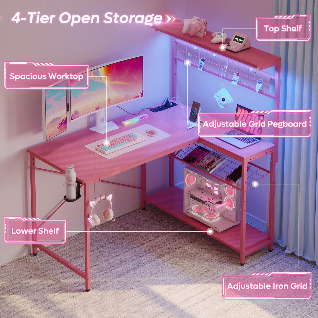 Bestier 42 L Gaming Desk,Computer Desk with Power Outlets, LED Lights, Reversible Corner Desk with 4-Tier Shelves,Cup Holder & Hook Carbon Fiber Pink Bestier