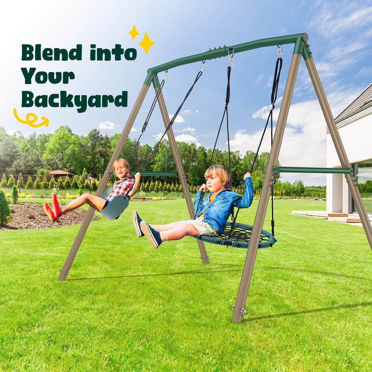 Hapfan 7.5ft Tall Swing Sets for Backyard, 500lbs Heavy Duty Swing Set for Kids and Adults with Spider Swing and Belt Swing, Outdoor Playground Sets for Backyards(Green and Brown) Hapfan