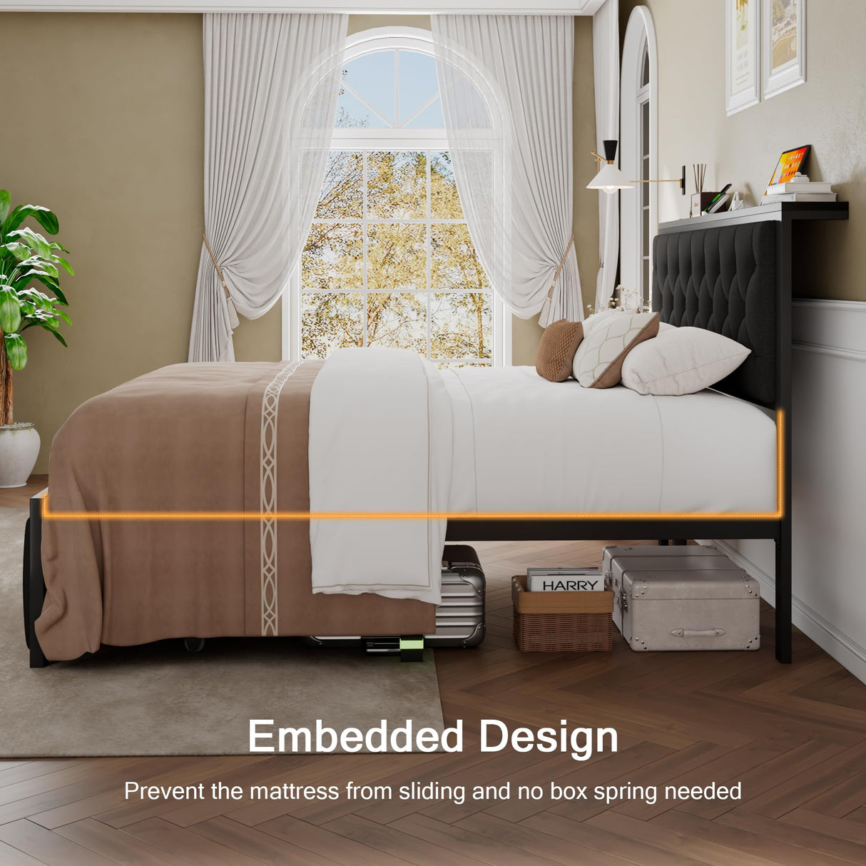 Einhomn King Size Bed Frame with 2 Storage Drawers, Metal Platform Bed with Charging Station, Upholstered Button Tufted Storage Headboard, No Box Spring Needed, Noise-Free, Easy Assembly, Black Einhomn