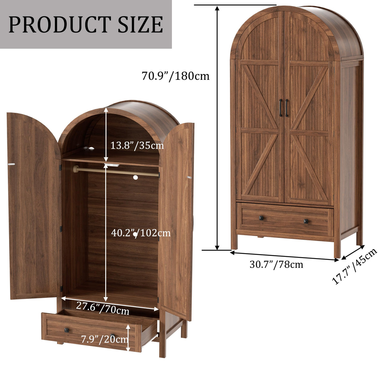 PAKASEPT Armoire Wardrobe Closet with Drawers and 2 Arched Fluted Doors, 70.9‘’ Tall Wooden Bedroom Armoires with LED Light & Shelves and Hanging Rod(Brown) PAKASEPT