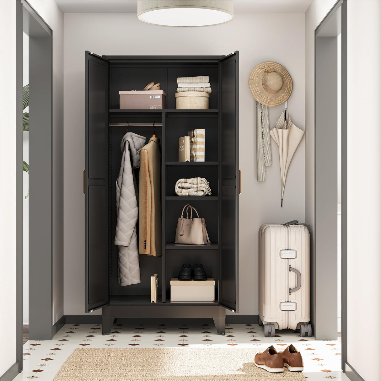 Metal Combination Cabinet, Black Wardrobe Closet Cabinets with Doors and Shelves, 71" Farmhouse Bedroom Armoire Closet with Hanging Rod and Clothing Shelf, White Steel Wardrobe Cabinet for Bedroom Bevivog