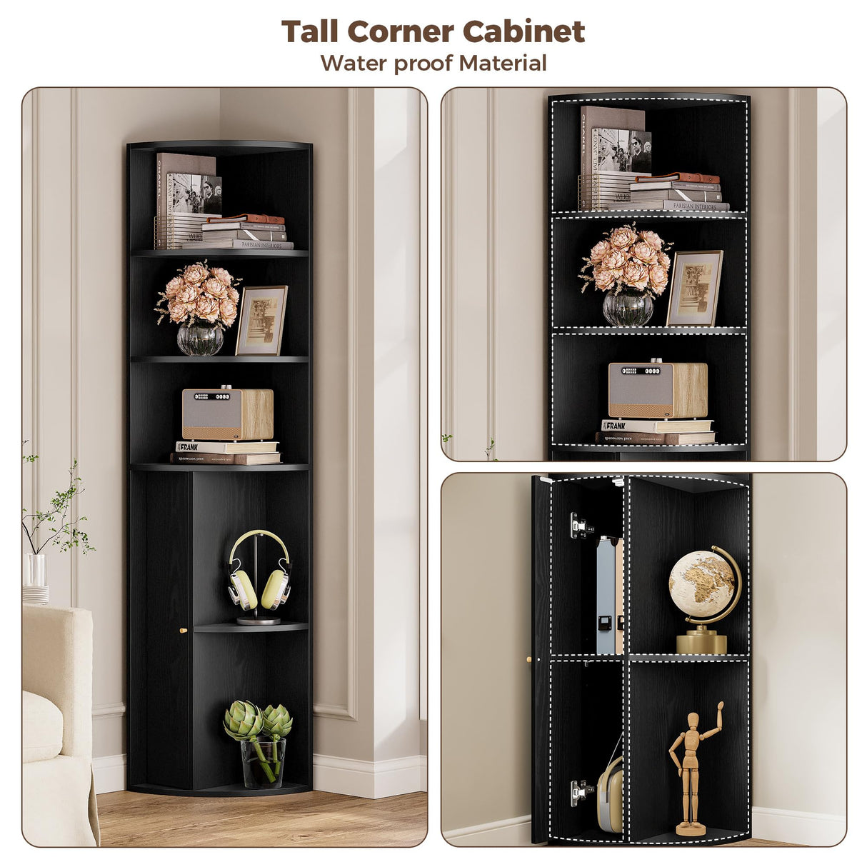 IRONCK 71" Tall Corner Cabinet with Doors, 5-Tier Open Bookcase and Bookshelf, Freestanding Display Storage Shelves Tall Bookcase for Bedroom, Living Room and Office, Black IRONCK
