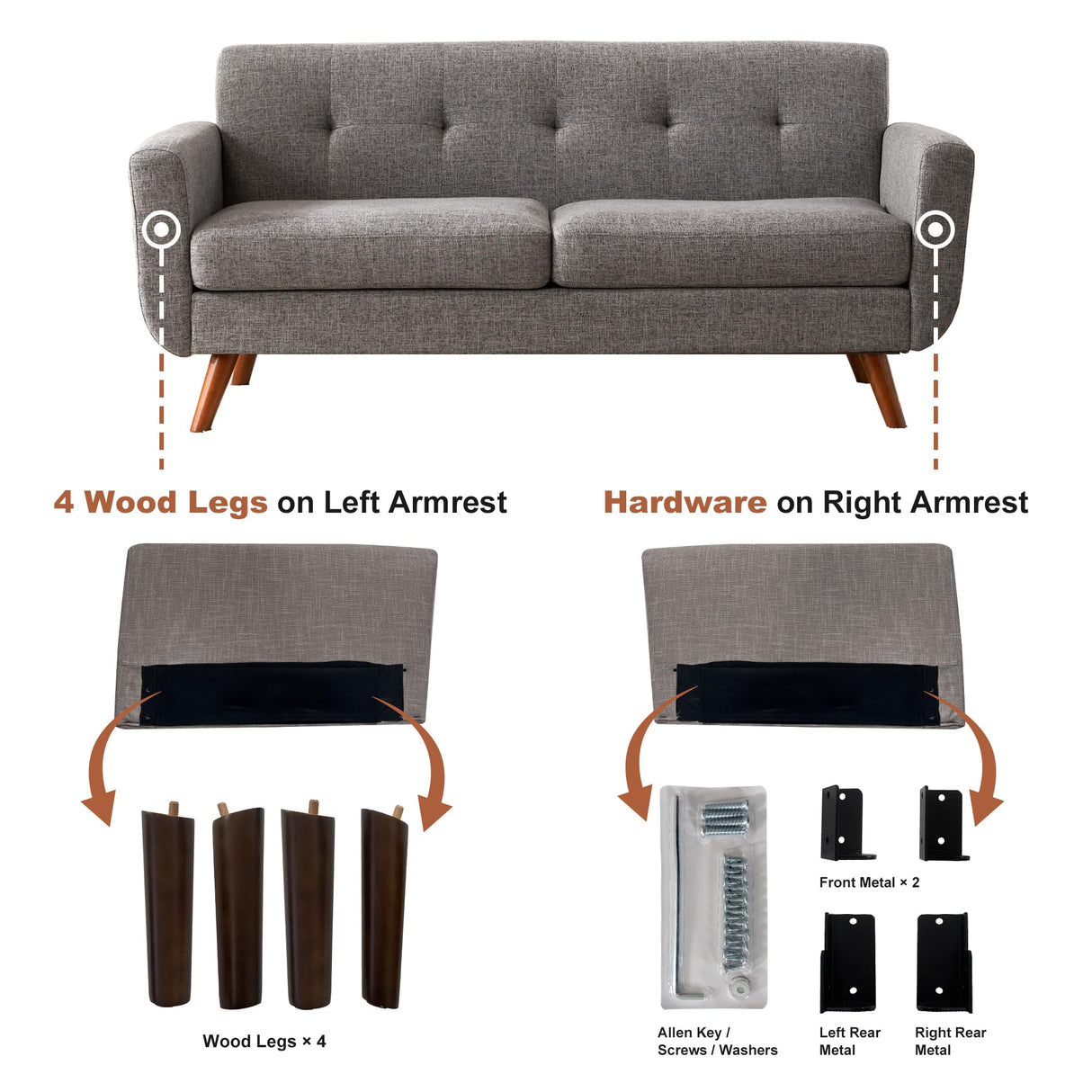 Tbfit 65" W Loveseat Sofa, Mid Century Modern Love Seat Couches for Living Room, Button Tufted Upholstered Small Couch for Bedroom, Solid and Easy to Install Love Seats Furniture, Grey Tbfit