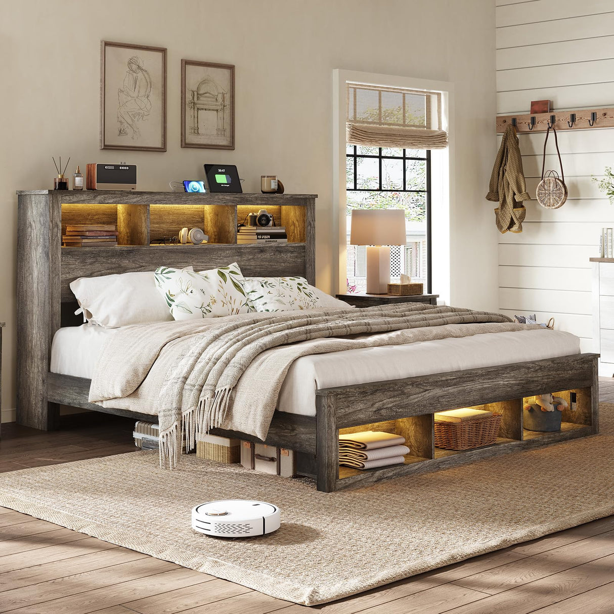 Albott Farmhouse King Size Bed Frame with Storage Bookcase Headboard and Footboard, Storage Wood Platform Bed Frame with Wood Slats Support, Noiseless LED Bed Frame, No Box Spring Needed, Gray Albott