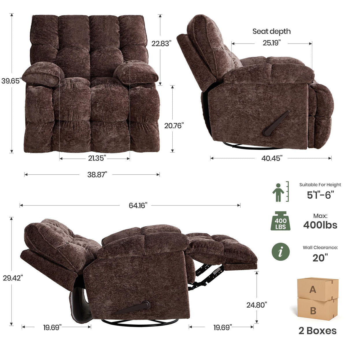 VIKAYAMICS Oversized Rocker Recliner Chair 42” Power Swivel Recliner for Living Room Overstuffed Extra Wide Rocking Recliners with Breathable Soft Fabric Up to 400lbs(Manual Brown) VIKAYAMICS