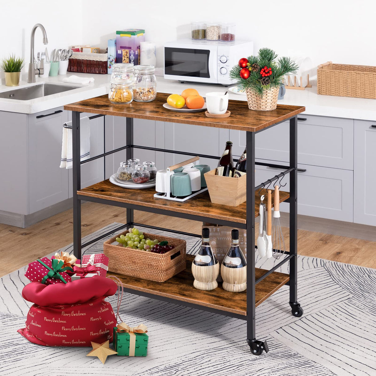 HOOBRO Kitchen Island with Storage,Industrial Kitchen Counter with Hooks and Side Enclosures, 3 Tier Kitchen Cart with Large Workstation, Saving Space, Easy Assembly, Rustic Brown and Black BF03ZD01 HOOBRO
