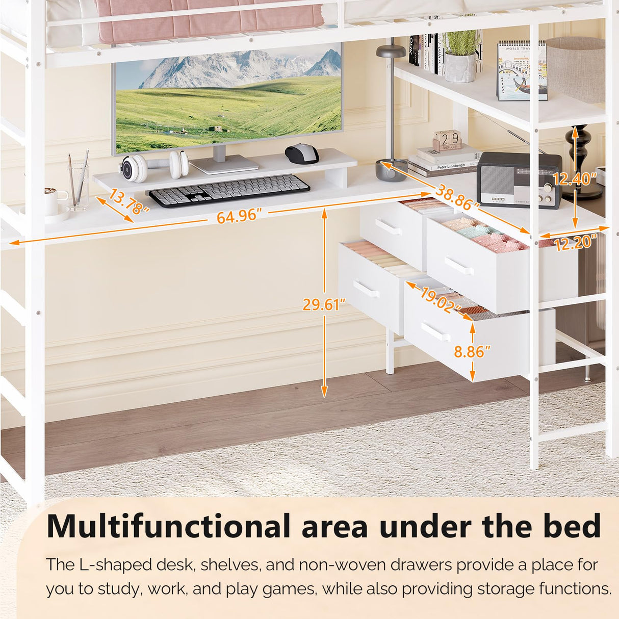 VINGLI Twin Loft Bed with 15 Inches Safety Guardrail/L-Shaped Desk/Flat Rungs, LED Single High Sleeper with 2 Charging Stations/Storage Shelves/Dresser, Heavy Duty Metal Support Slat, White VINGLI