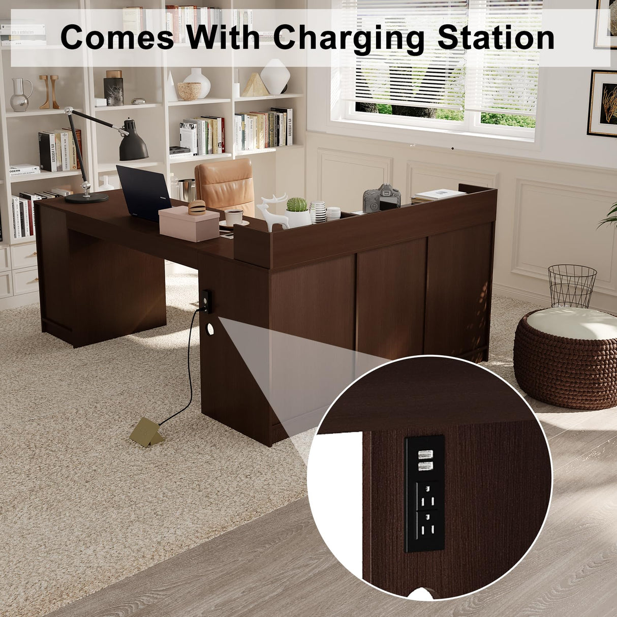 Melidee L Shape Desk - Executive Desk with Drawers and Cabinet Storage, Charging Station & USB Ports - Home Office Computer Desk Melidee