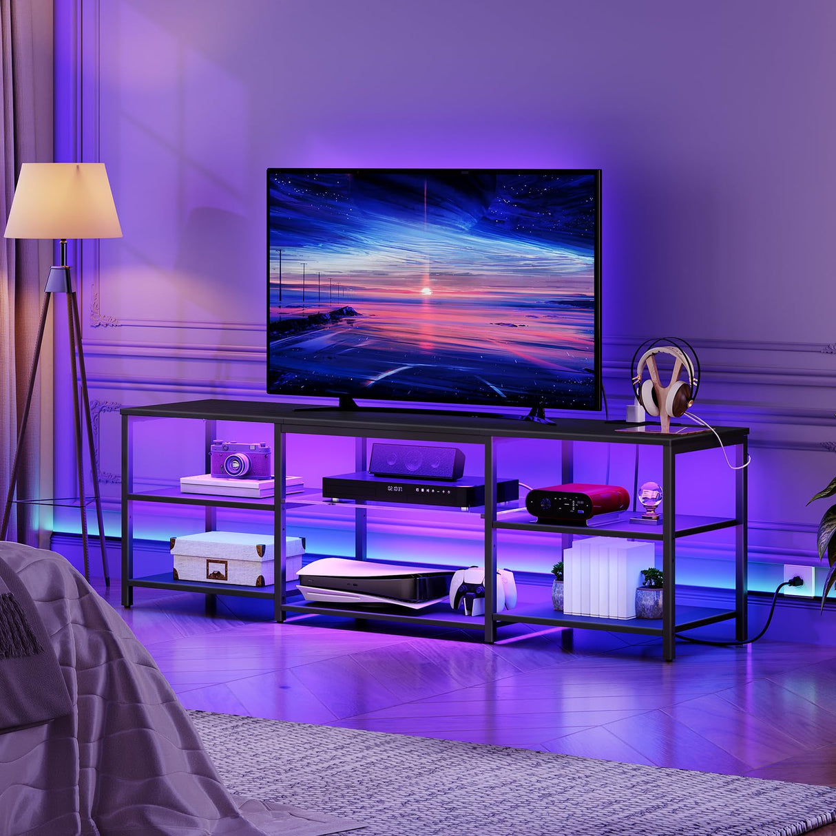 HOOBRO LED TV Stand for 75 Inch TVs with Charging Station, Gaming Entertainment Center with 3-Tier Open Storage, Long 63” Media TV Console Table, TV Stand for Living Room, Bedroom, Black BB21UDDS01 HOOBRO