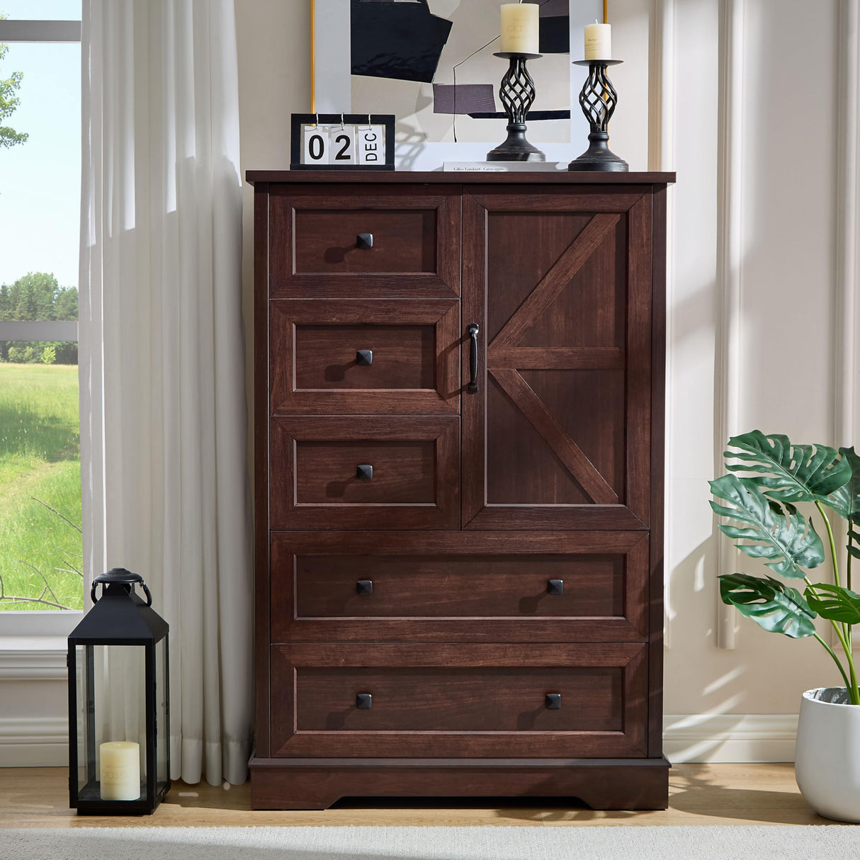 SOOWERY Dresser for Bedroom, Farmhouse Dresser with 5 Wooden Drawers and Storage Cabinet, 48 Inches Tall Chest of Drawers for Bedroom, Living Room, Hallway, Dark Cherry SOOWERY