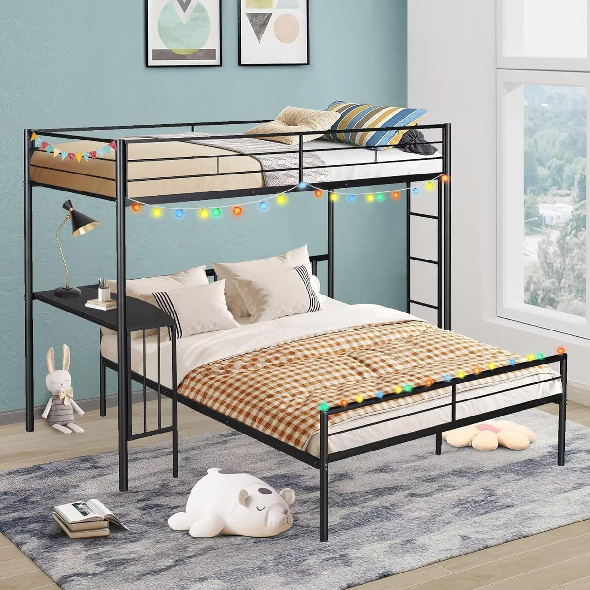Twin Over Full Bunk Bed, Metal L-Shaped Bunk Bed Frame with Desk, Guardrail and Ladder, Space Saving Bed for Boys Girls, Convertible Into Twin Loft Bed & Full Platform Bed, Noise Free, Black TRIPLE TREE