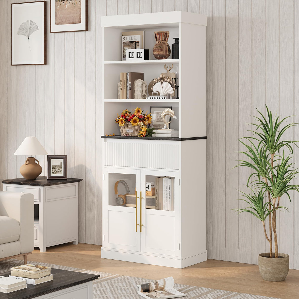 IDEALHOUSE 70" Tall Kitchen Pantry Cabinet, Storage Cabinets with Drawer & 2 Glass Doors and 3 Shelves, Floor Cabinet for Kitchen, Office, Living Room, Dining Room, Bathroom, White IDEALHOUSE