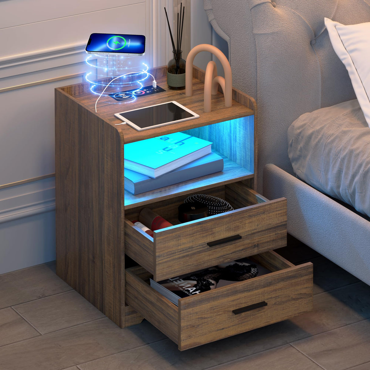 dnbss LED Nightstand with Charging Station, Smart Bedside Table with 24-Color RGB LED Lights, Charging Nightstand for Bedroom, Modern Nightstand Brown dnbss