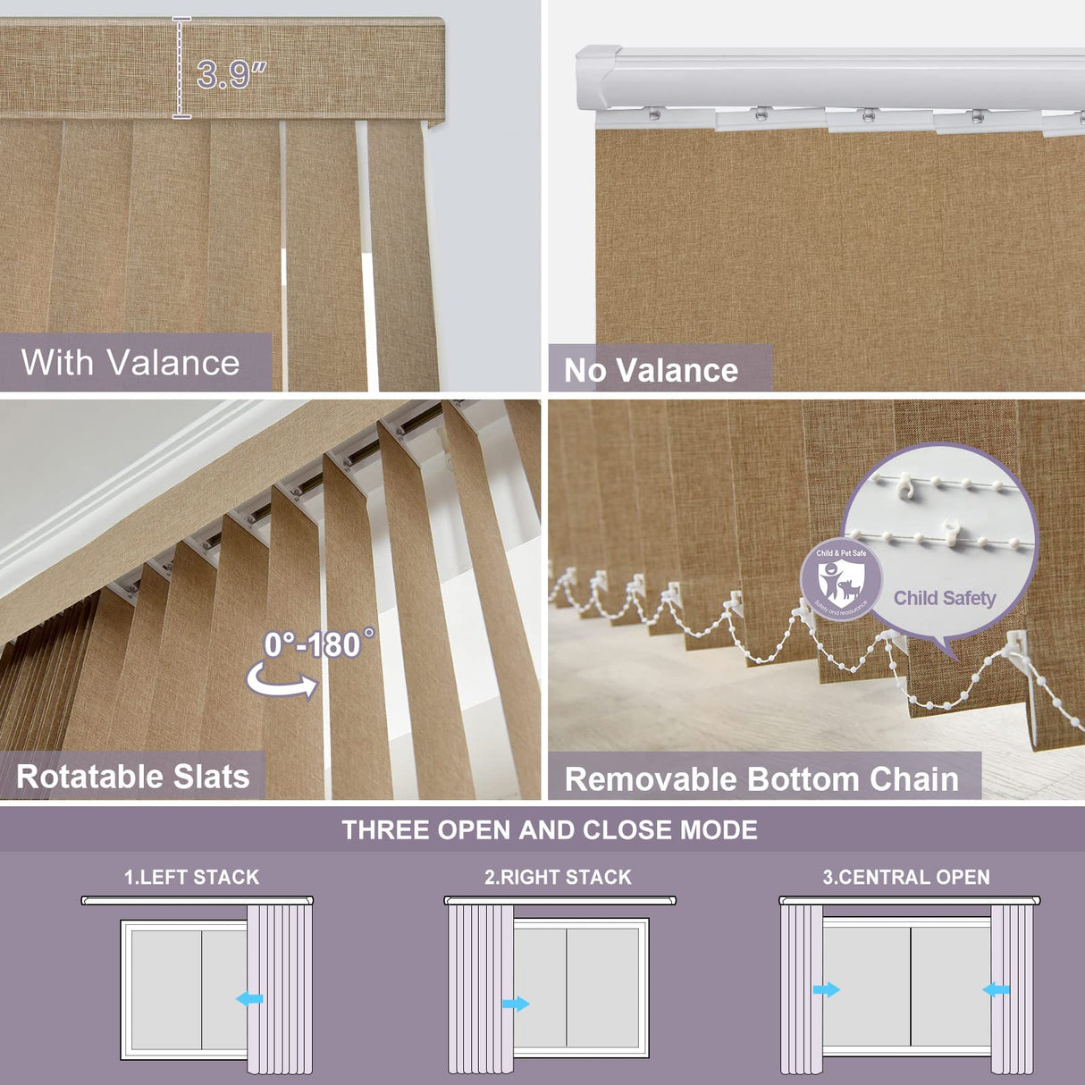 Graywind Fabric Vertical Blinds Custom Size Blackout Vertical Blind Free Wand Control Reversible Privacy Track Slats Set for Patio Sliding Glass Door Window (Coffee) Graywind