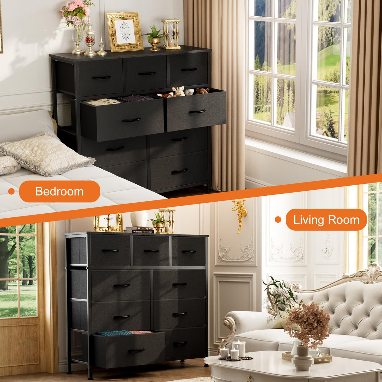 Sweetcrispy 9-Drawer Fabric Dresser Storage Tower with Wood Top and Steel Frame, Organizer Chest with Easy Pull Handles for Bedroom, Closet, Hallway,Classic Black Sweetcrispy