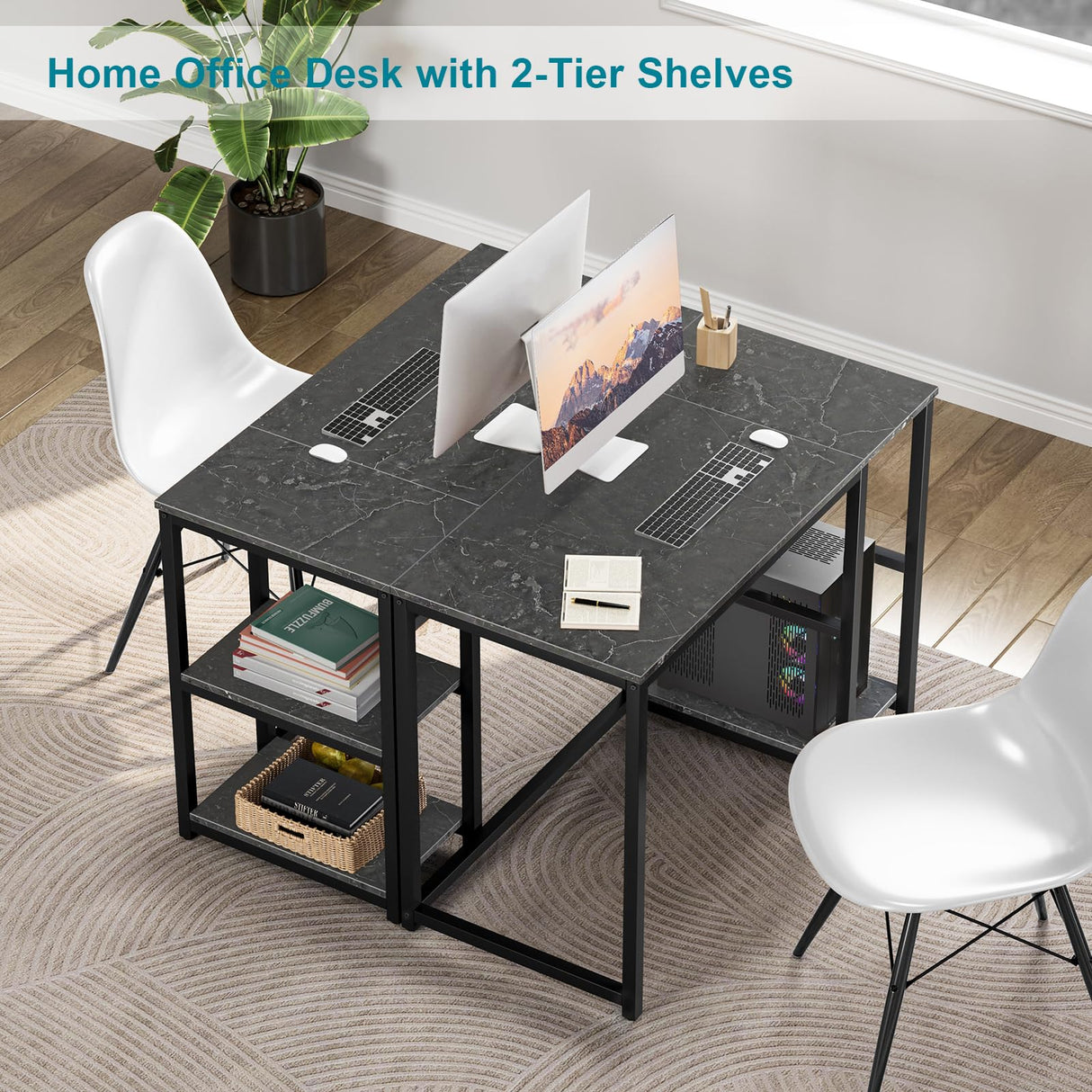 SINPAID Computer Desk 40 inches with 2-Tier Shelves Sturdy Home Office Desk with Large Storage Space Modern Gaming Desk Study Writing Laptop Table, Black Marbling (Black Marbling, 40) SINPAID