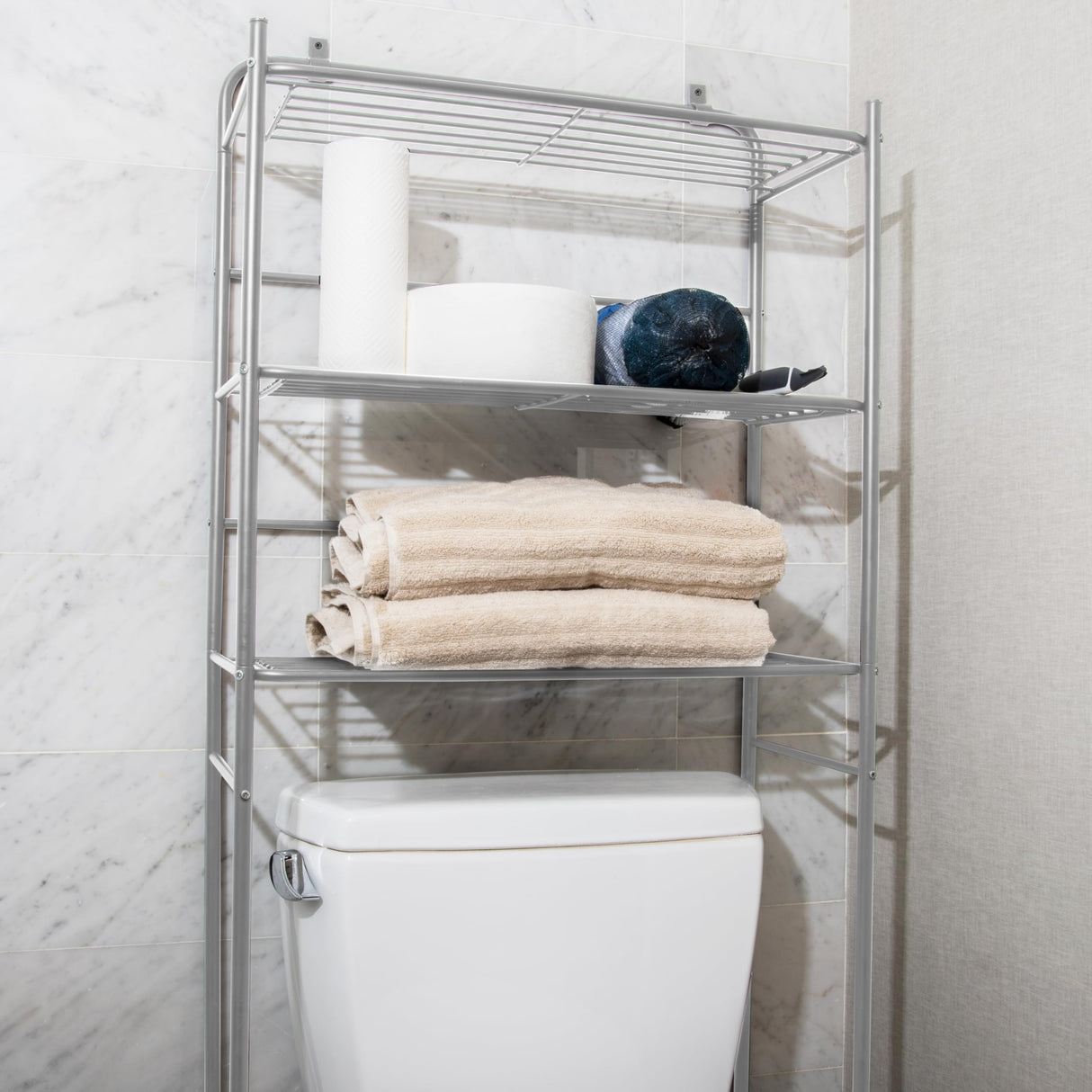 Mind Reader Over The Toilet Storage Rack, Bathroom Organizer, Bathroom Shelves, Metal, 23.5" L x 10.25" W x 70.5" H, Silver Mind Reader