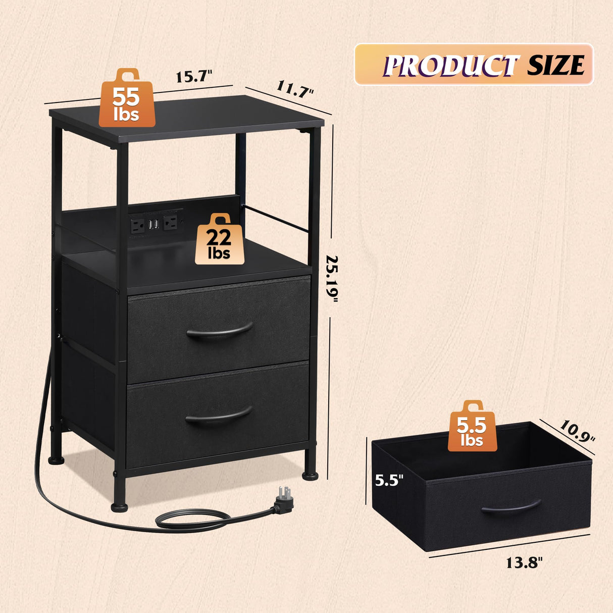 WLIVE Night Stand Set of 2 with Charger Station, Black Nightstand Sets with 2 Fabric Drawers and Storage Shelf, LED Bedside Table, Bedroom Small End Tables with 3 USB Ports and 2 AC Outlets WLIVE