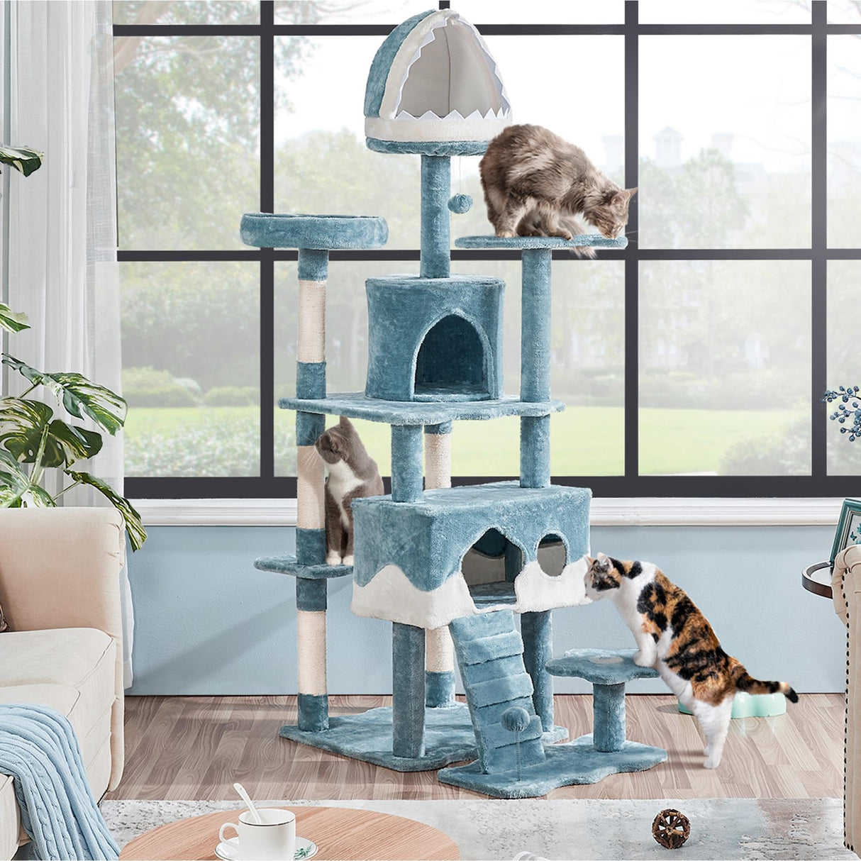 Yaheetech Cat Tree, 72.5inch Ocean-Themed Cat Tree Tower, Multi-Level Large Cat Tree for Indoor Cats with Shark's Mouth Bed & 2 Big Condos & 2 Wide Perches & Funny Toys, Blue & White Yaheetech