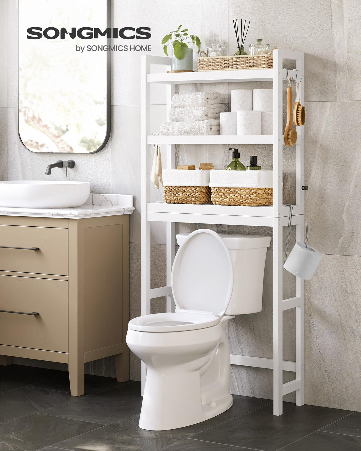 SONGMICS Over The Toilet Storage, 3-Tier Over Toilet Bathroom Organizer with Adjustable Shelf, Fit Most Toilets, Space-Saving, Cloud White UBTS01WT SONGMICS