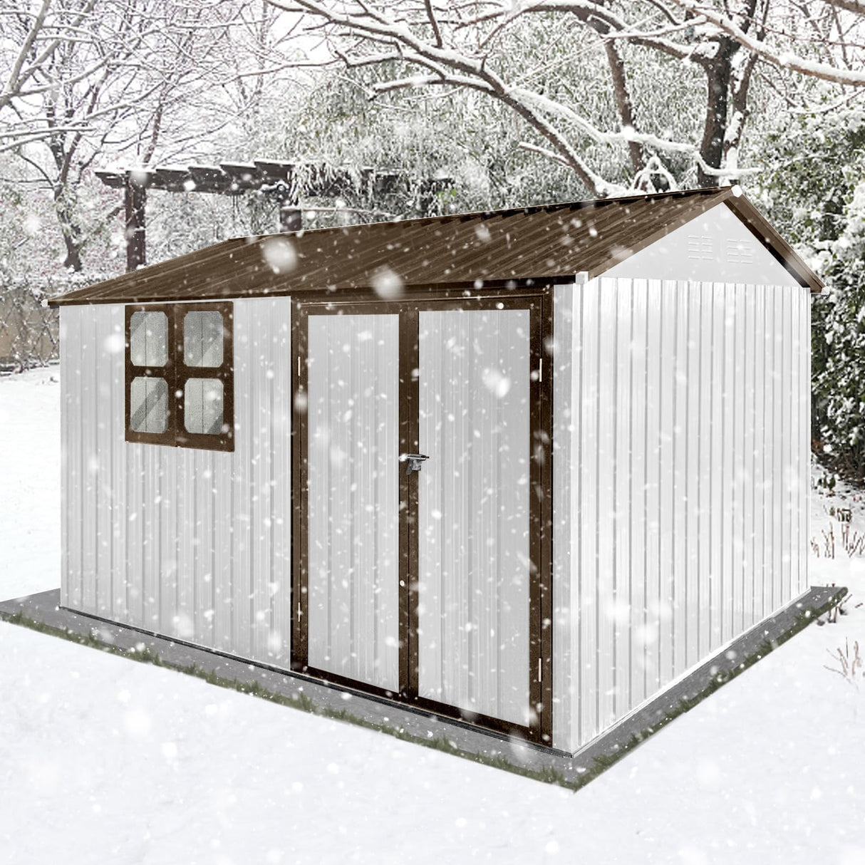 Ball & Cast 10x8 FT Sheds & Outdoor Storage,Metal Garden Shed with Window,Waterproof Cabinet Foldable House W/Lockable Doors and Roofs,for Storing Bicycles,Lawnmowers,Barbeques,White+Coffee Ball & Cast