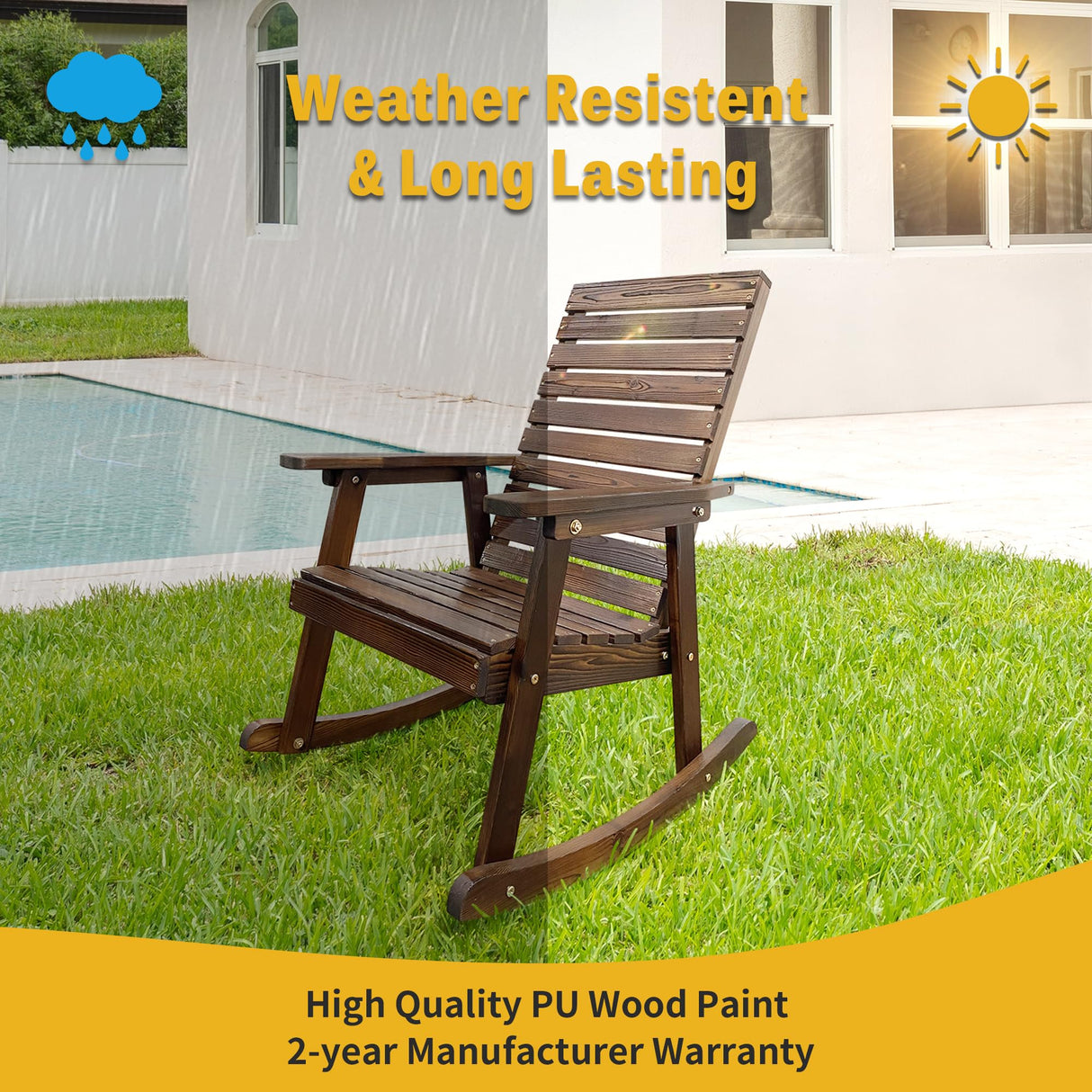 Mega Casa Wooden Rocking Chair with High Backrest and Contoured Seat, Solid Fir Wood, Heavy Duty 600 LBS, for Both Outdoor and Indoor, Backyard, Porch and Patio (Coffee) Mega Casa