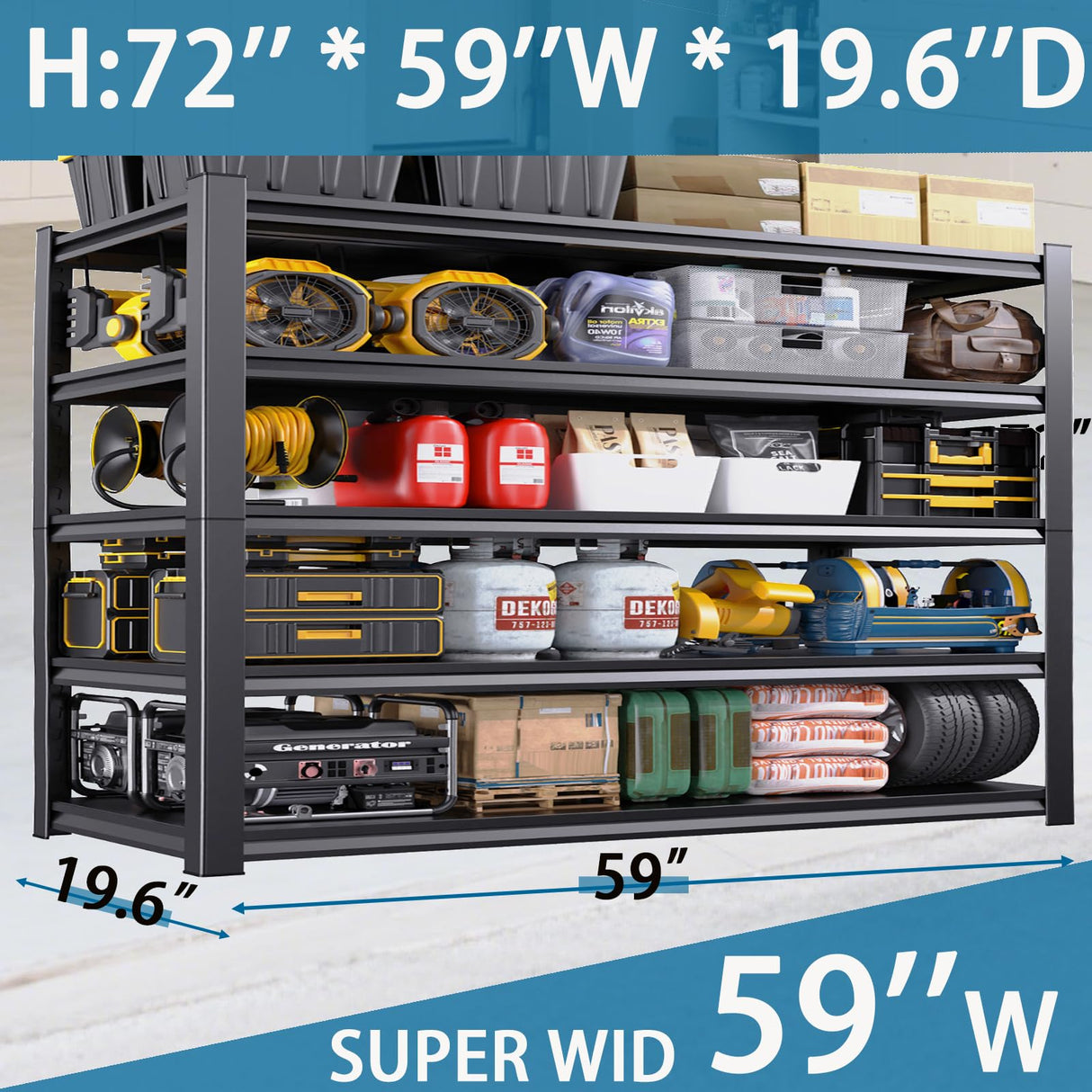 59''W/72''H Garage Shelving Heavy Duty 5-Tier Adjustable Storage Shelves Unit,3000 LBS Metal Utility Rack Shelf for Industries, Warehouses, Basement,Black (72''H x 59''W x 20''D) LBVSKK