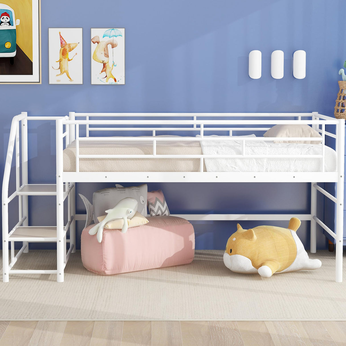 Merax Junior Metal Low Loft Bed Frame for Girls Boys, Space Saving/Easy Assemble White Merax