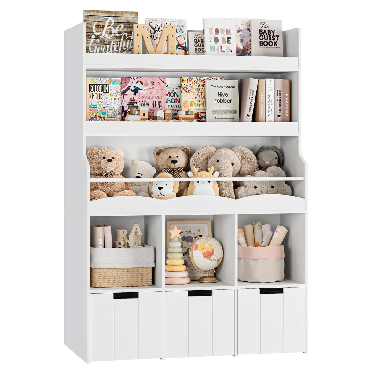 HITHOS 55.3" H Kids Bookshelf with Toy Storage Organizer, Tall Book Shelf with 3 Movable Toy Storage Bins, Large Kids Bookcase with Toy Chest, 39.2" W Modern Toy Box for Kid Room, Playroom, White HITHOS