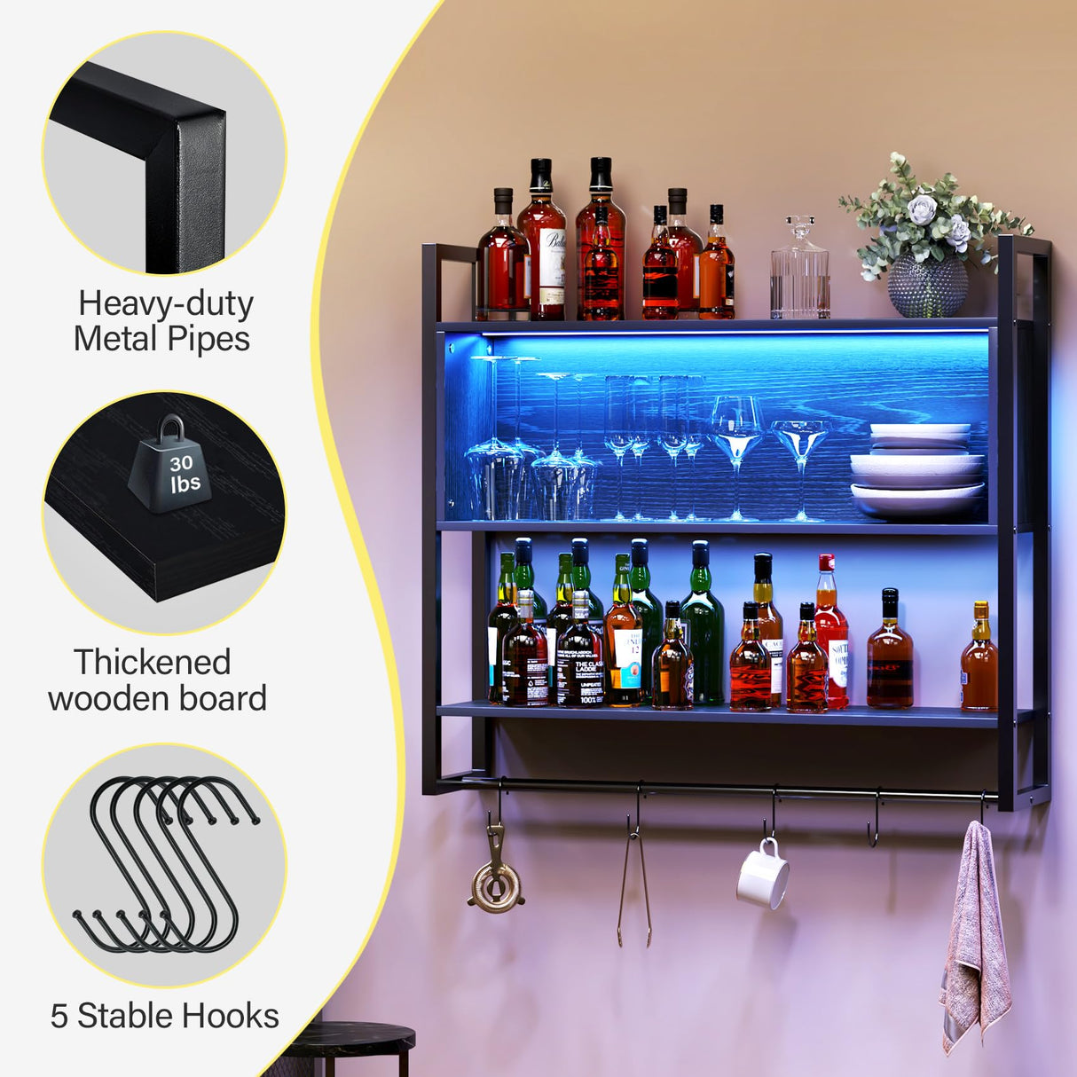 TC-HOMENY Gaming Floating Shelves LED, 36''Shelf Wall Mounted Shelve with Adjustable Shelf, Gaming Shelve for Wall, Pipe Shelves Hanging Display Rack Bookshelf with S-Hook, Wine Coffee Bar Black TC-HOMENY