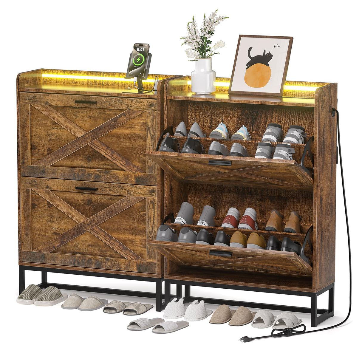 HAIOOU Shoe Storage Cabinet, Industrial Shoe Cabinet with 2 Flip Drawers, Farmhouse Slim Narrow Freestanding Wood Shoe Rack Storage Organizer for Entryway,Foyer,Hallway(Rustic Brown) HAIOOU