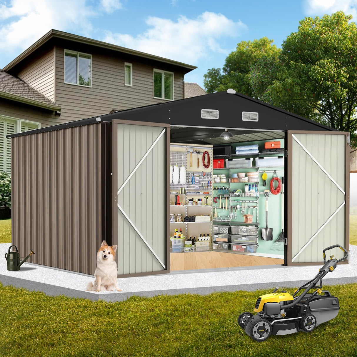 Garvee 10×8FT Outdoor Storage Shed, Metal Waterproof Garden Storage Shed Galvanized Steel Utility Tool Shed with Lockable Doors & Vents, All-Weather Shelter for Bike/Kids Car/Mowers/Tool, etc. Brown Garvee