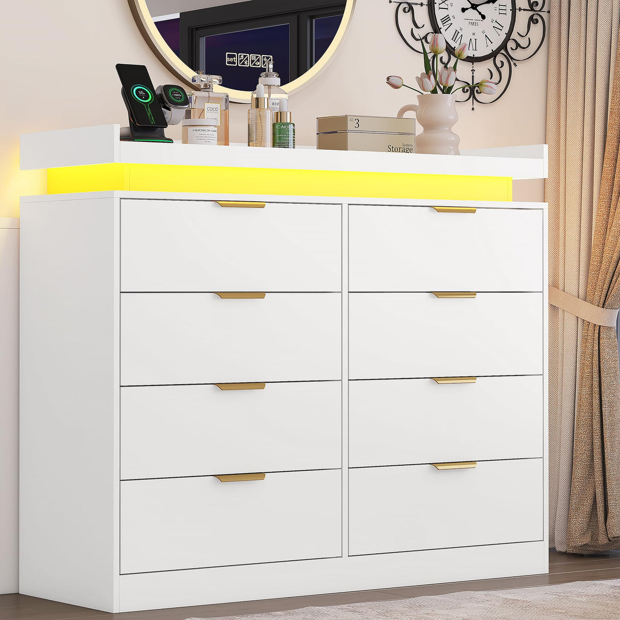 UNIQUITE 8 Drawer Dresser for Bedroom, White Dresser with LED Lights and Power Outlet, Wooden Dressers Chests of Drawers, Double Wide Dressers for Bedroom, Living Room, Hallway UNIQUITE